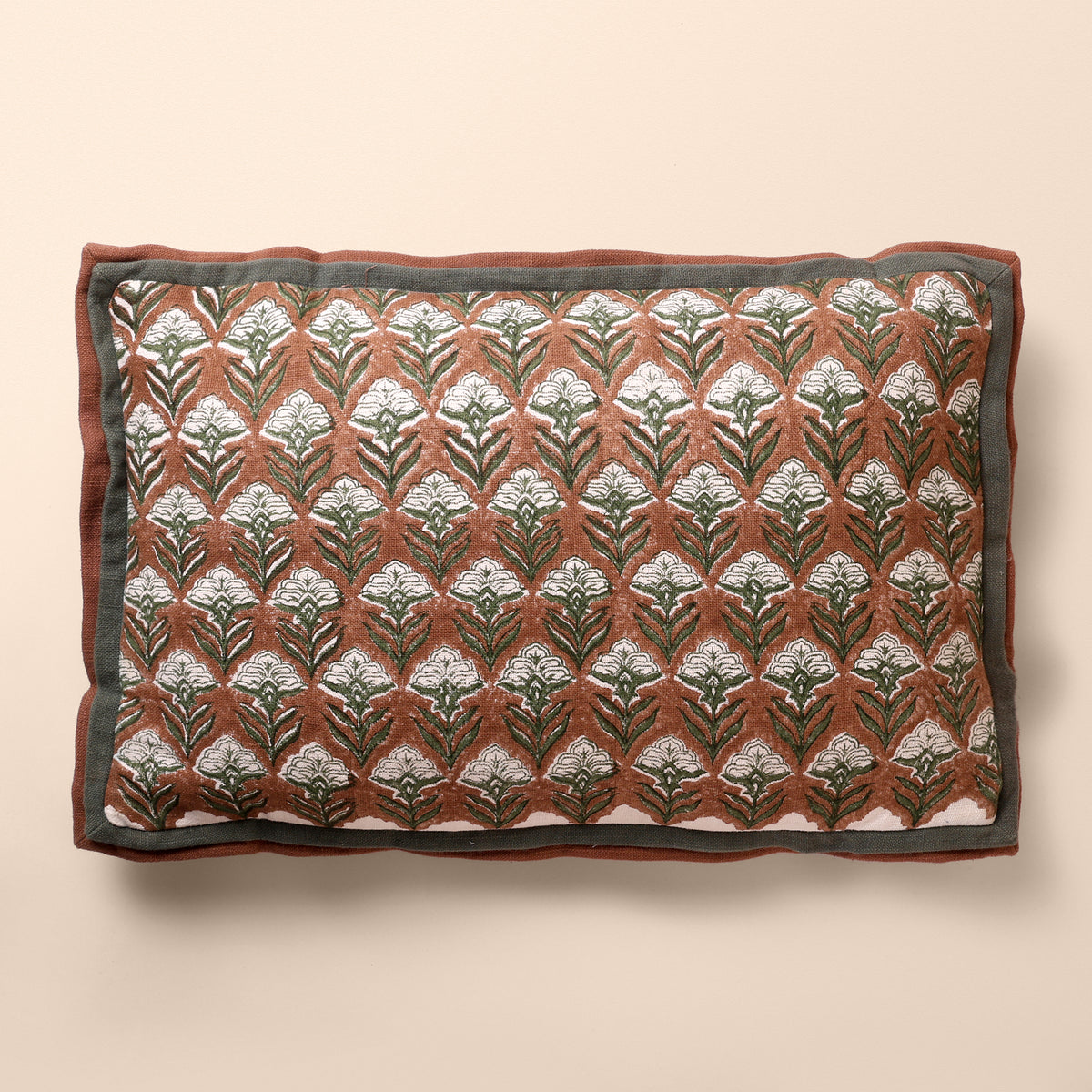 JHAROKHA Oblong Cushion, Block Print, 12 x 20 Inch, Mocha, Two-Tone, Jaipur House