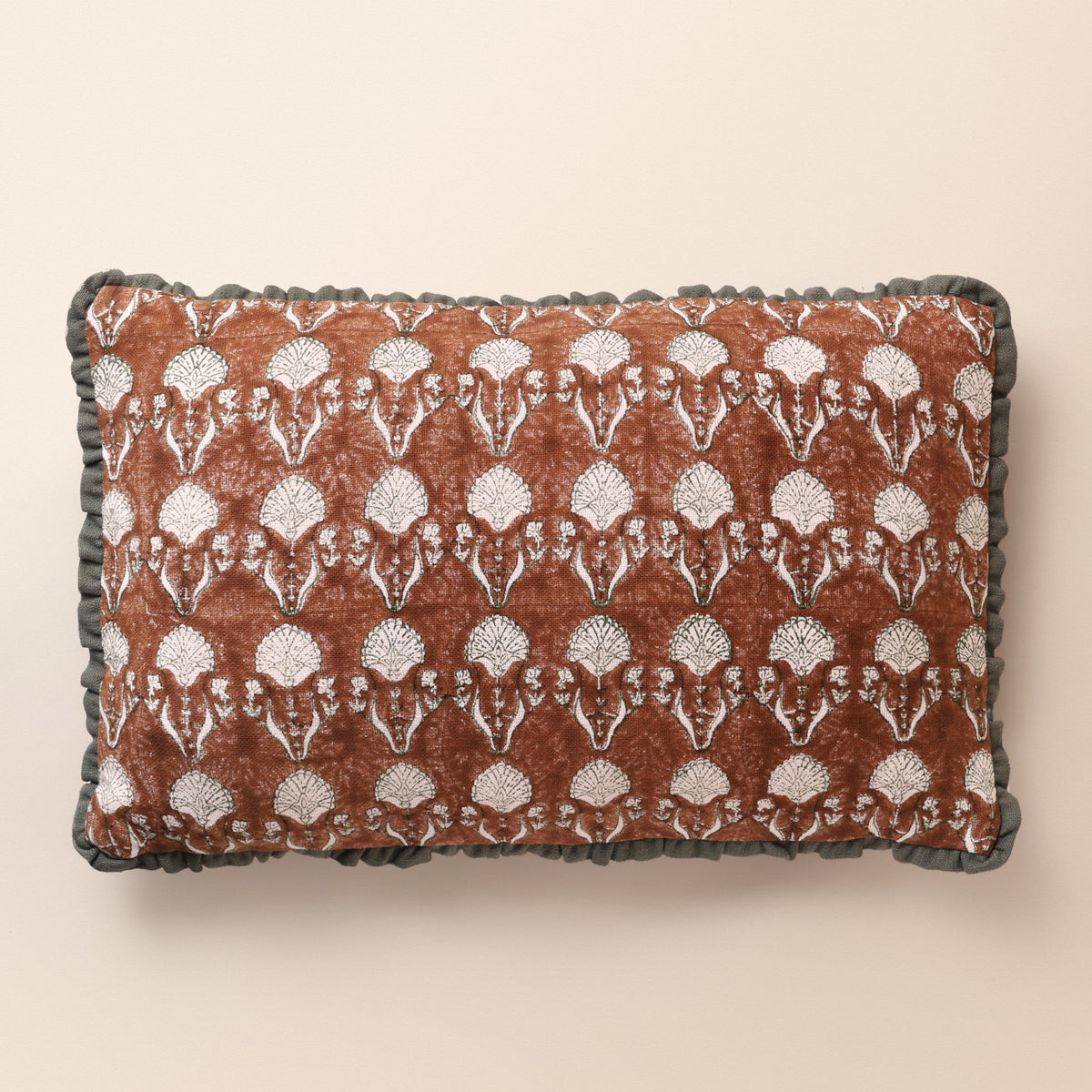 MEHRAB Oblong Cushion, Block Print, 12 x 20 Inch, Mocha, Green Motif, Jaipur House