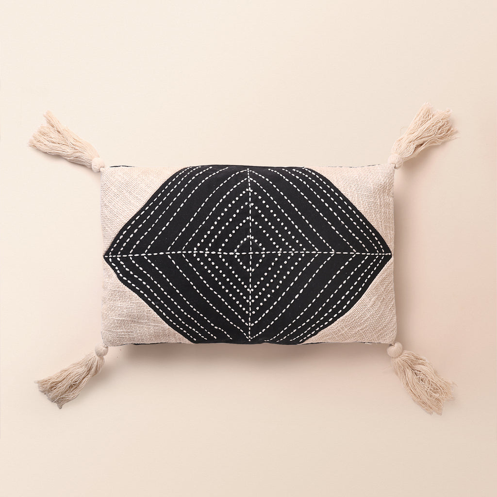 VELORA Oblong Cushion, Kantha, 12 x 20 Inch, Ivory