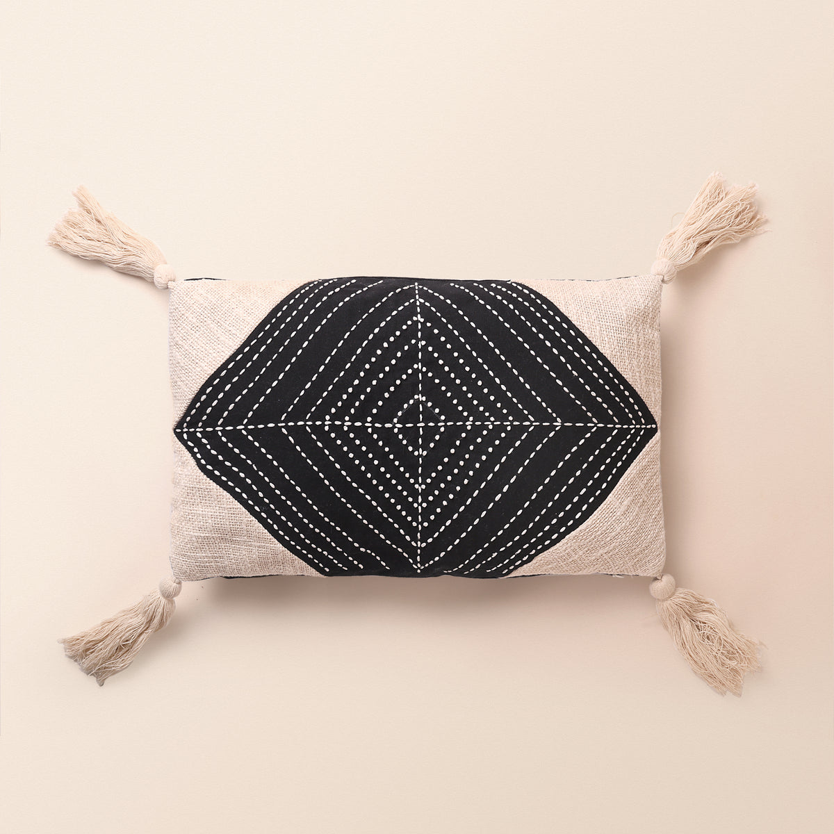 VELORA Oblong Cushion, Kantha, 12 x 20 Inch, Ivory