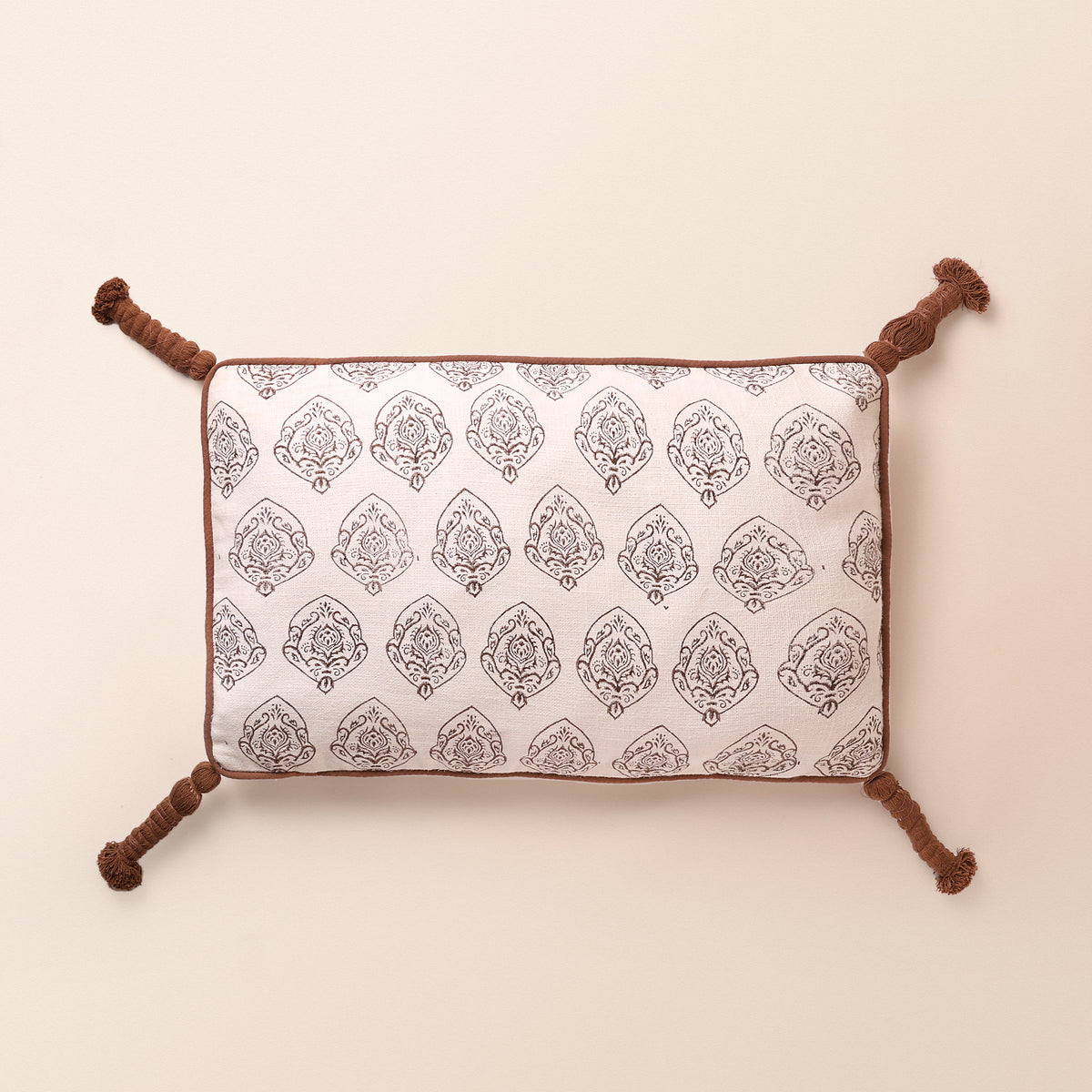 MEHRAB Oblong Cushion, Block Print, 12 x 20 Inch, Mocha, Brown Motif, Jaipur House