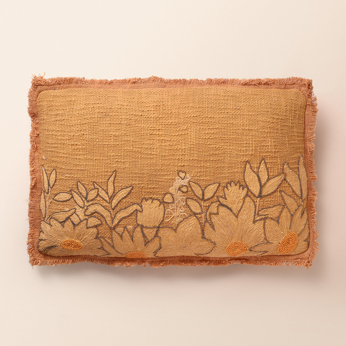 OCHRE Oblong Cushion, Bead Work, 12 x 20 Inch, Golden Yellow, TNT Beads