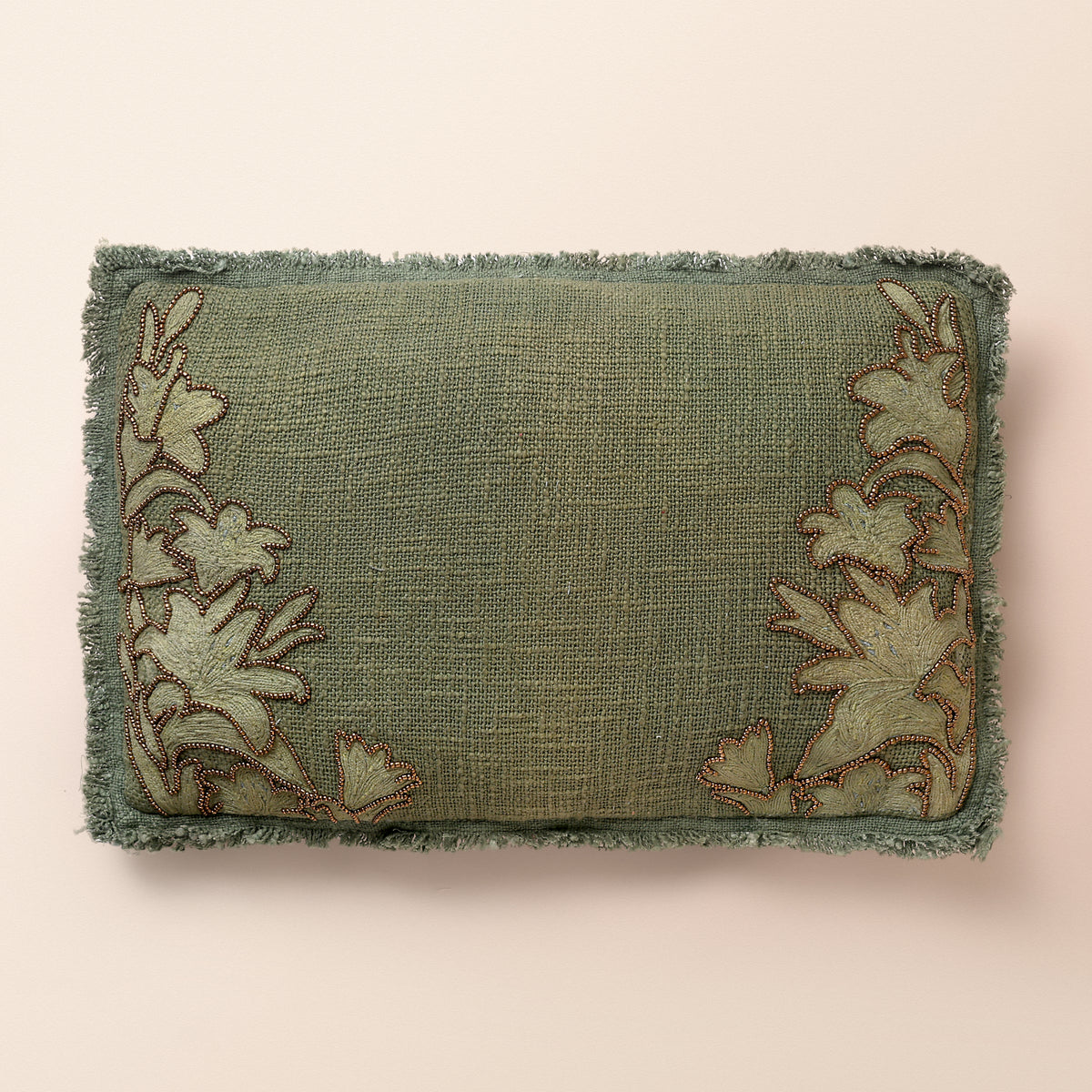 JADE Oblong Cushion, Bead Work, 12 x 20 Inch, Olive, TNT Beads