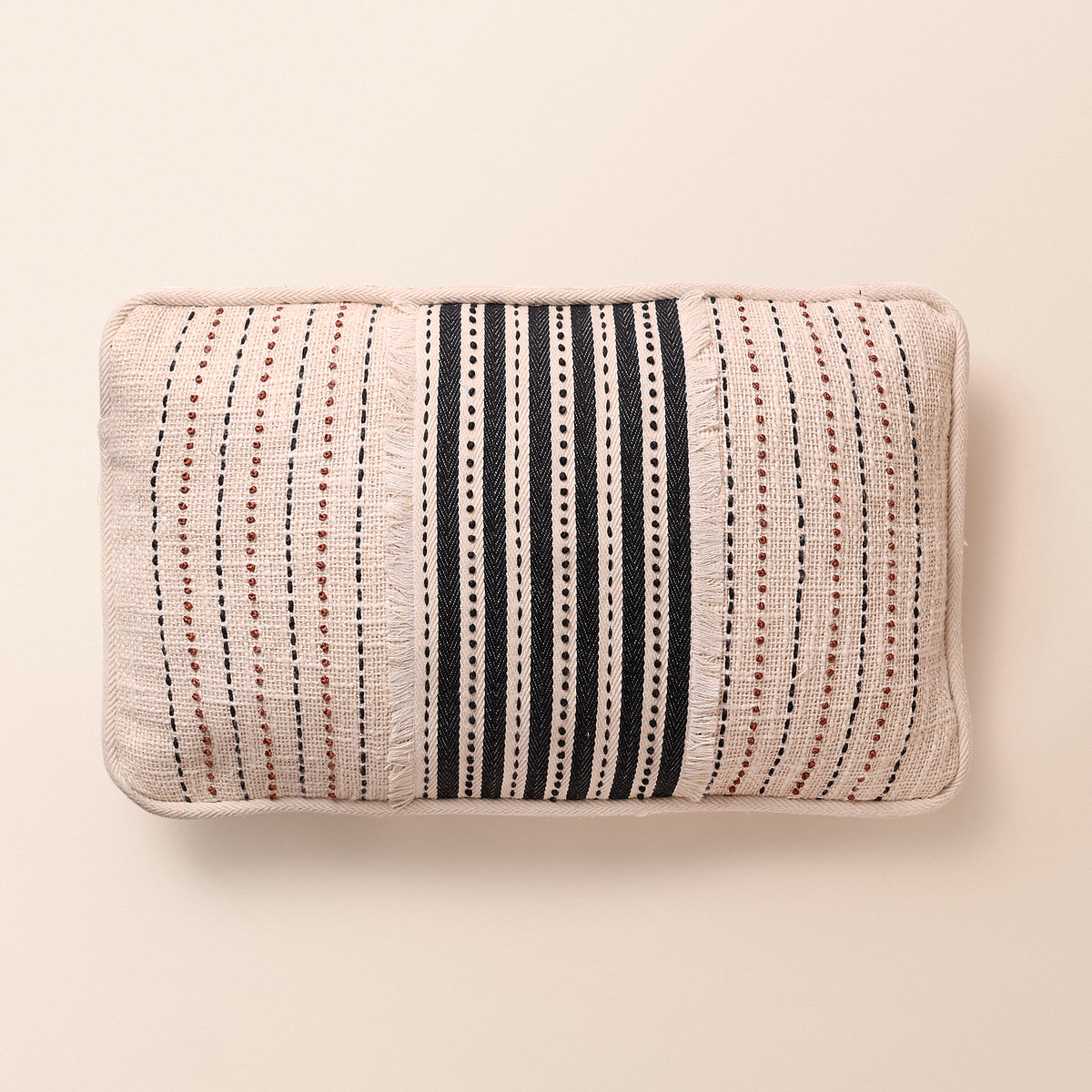 SOLENNE Oblong Cushion, Kantha, 12 x 20 Inch, Ivory, Classic Monochromes