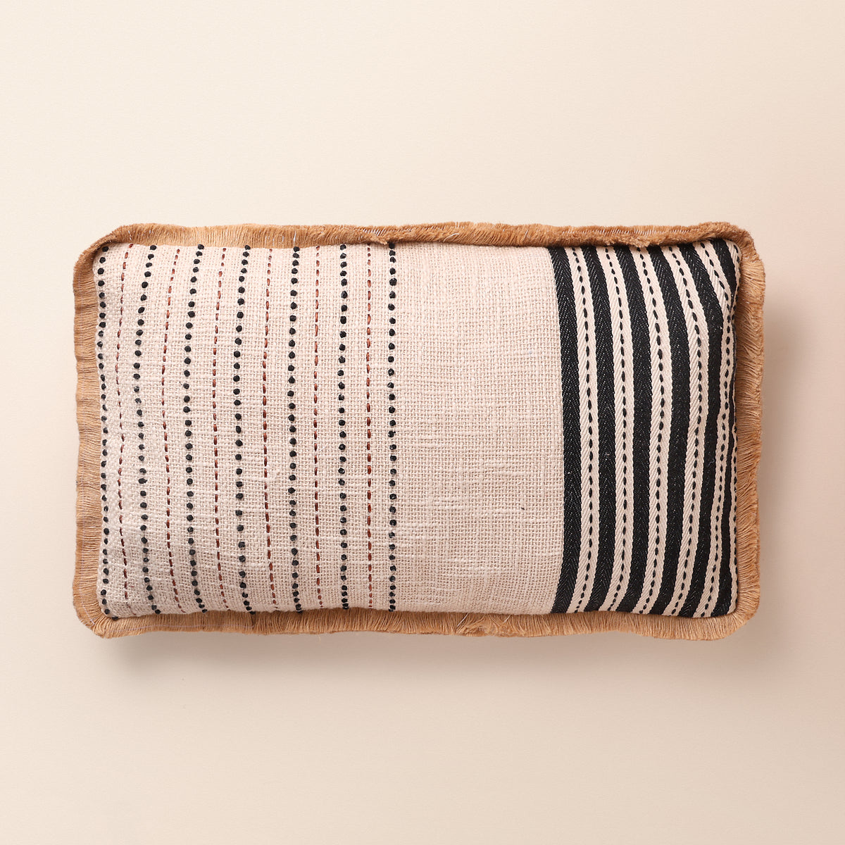SOLENNE Oblong Cushion, Kantha, 12 x 20 Inch, Ivory, Classic Monochromes