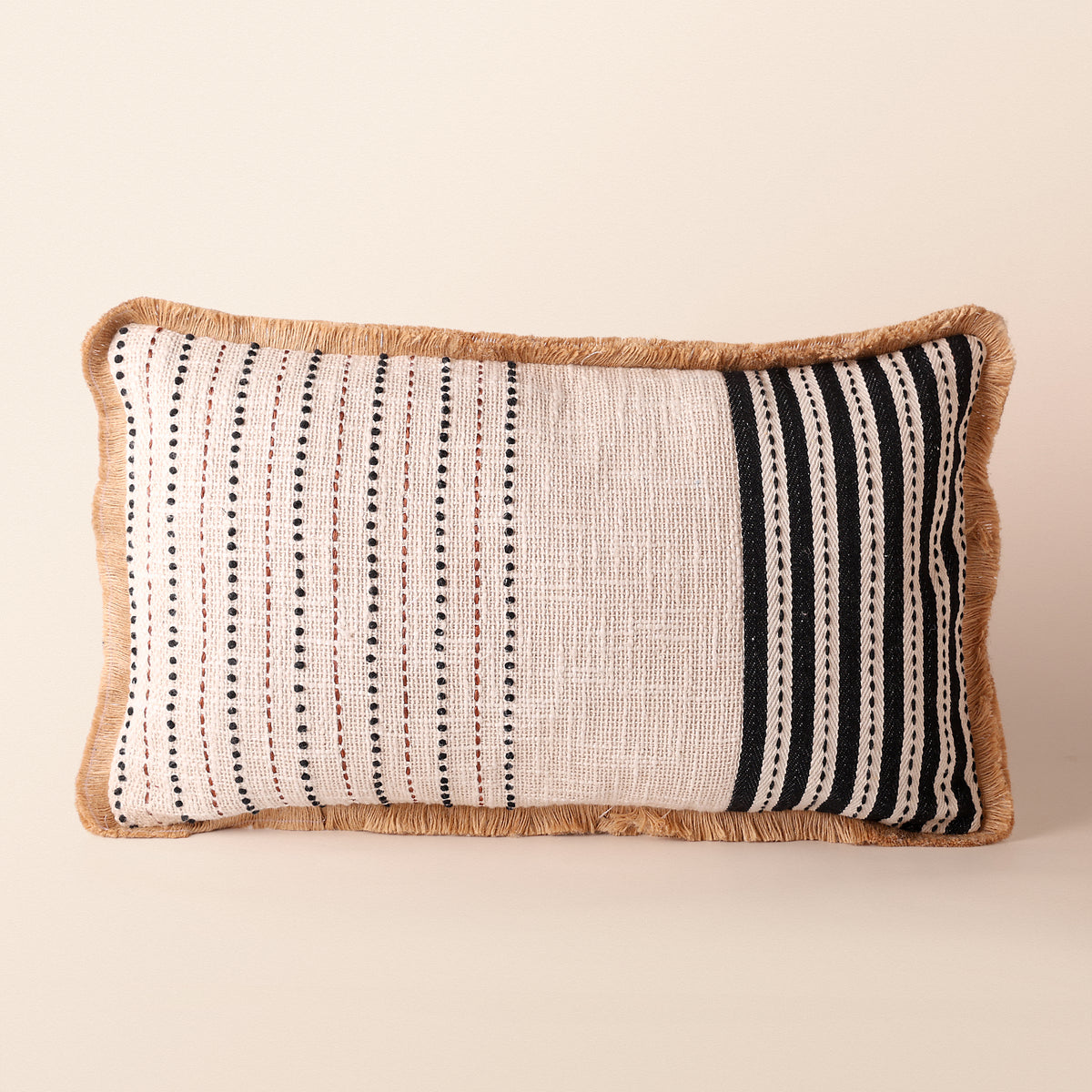 SOLENNE Oblong Cushion, Kantha, 12 x 20 Inch, Ivory, Classic Monochromes