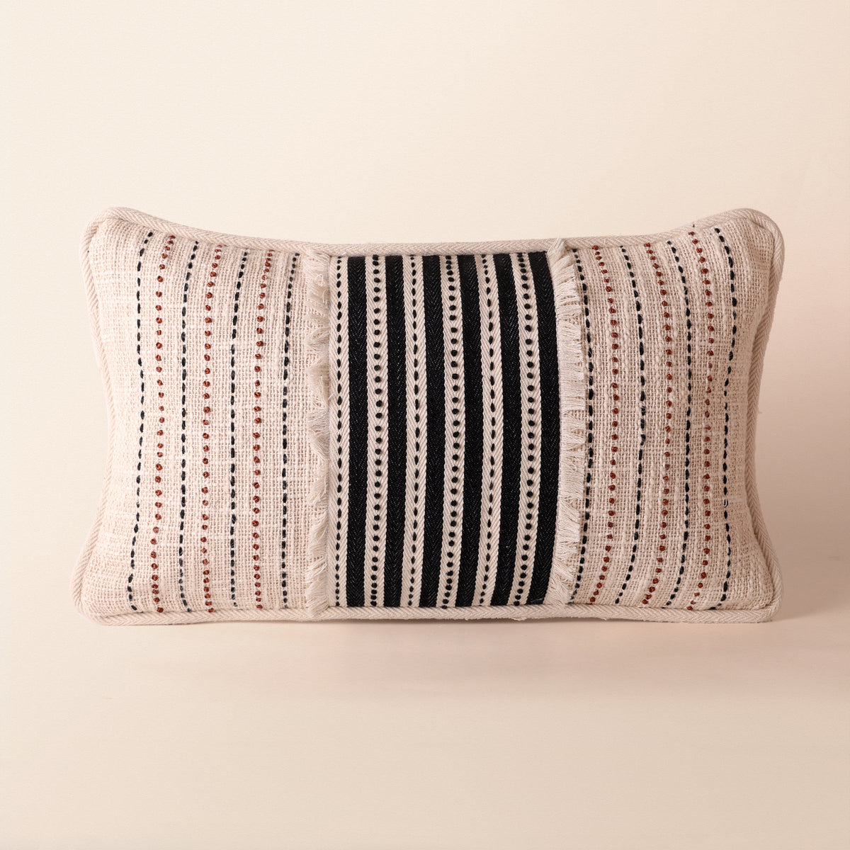 SOLENNE Oblong Cushion, Kantha, 12 x 20 Inch, Ivory, Classic Monochromes