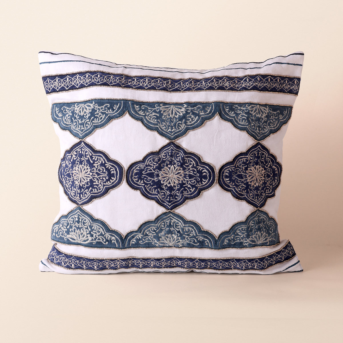MEHTAB Square Cushion, Zari, 18 x 18 Inch, Blue, Four Motif, Mughal Garden