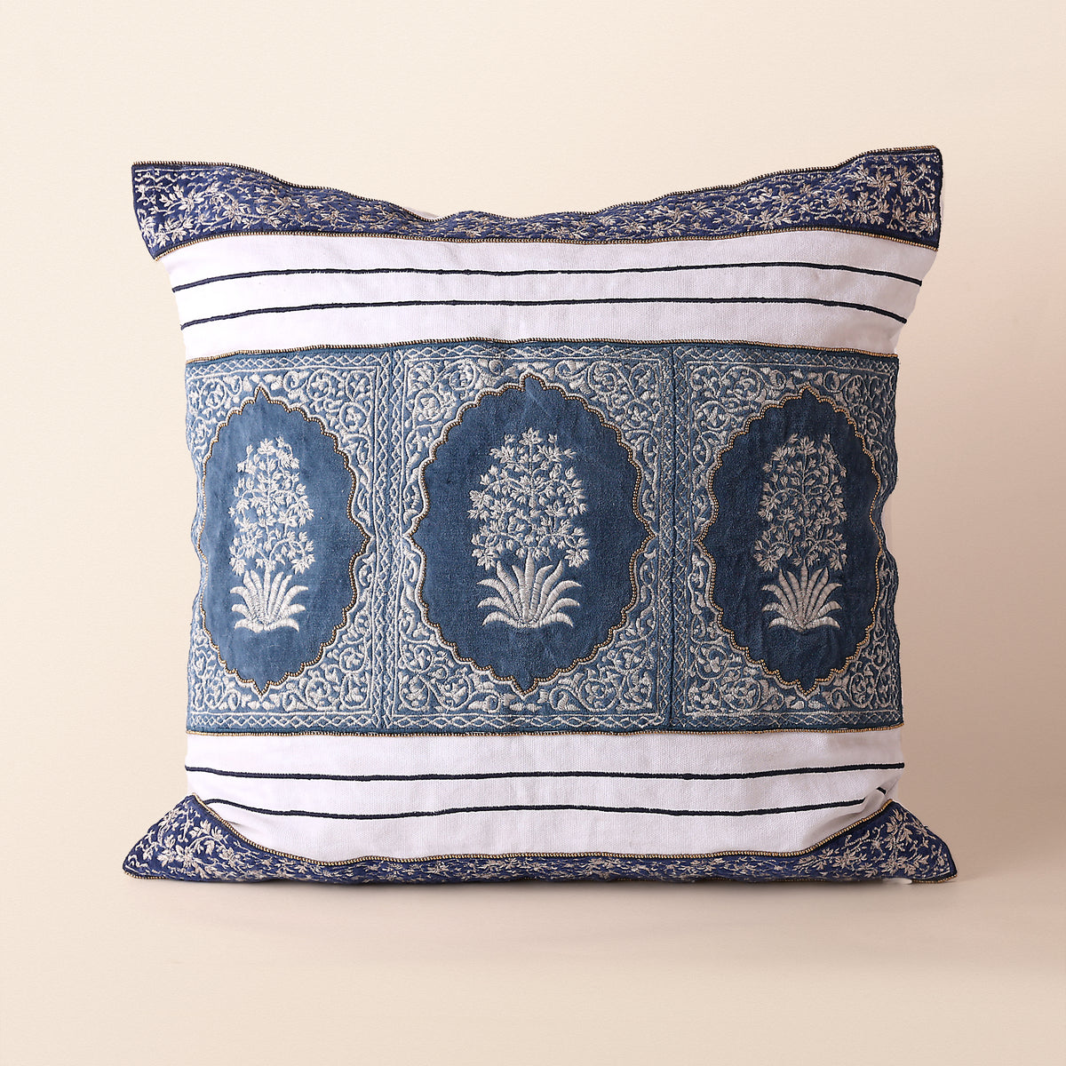 MEHTAB Square Cushion, Zari, 18 x 18 Inch, Blue, Three Motif, Mughal Garden