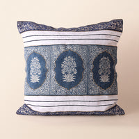 MEHTAB Square Cushion, Zari, 18 x 18 Inch, Blue, Three Motif, Mughal Garden — thumbnail