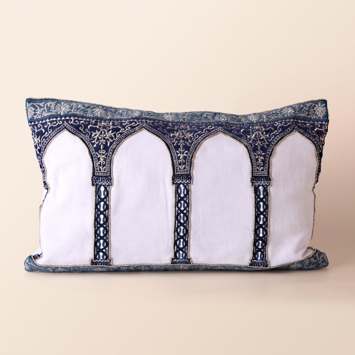CHASHMA Oblong Cushion, Zari, 12 x 20 Inch, Blue, Mughal Garden