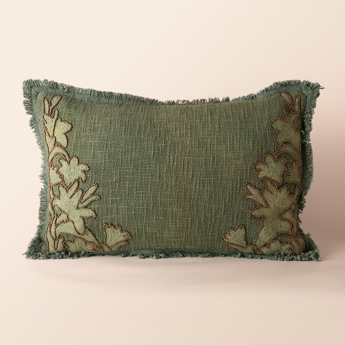 JADE Oblong Cushion, Bead Work, 12 x 20 Inch, Olive, TNT Beads