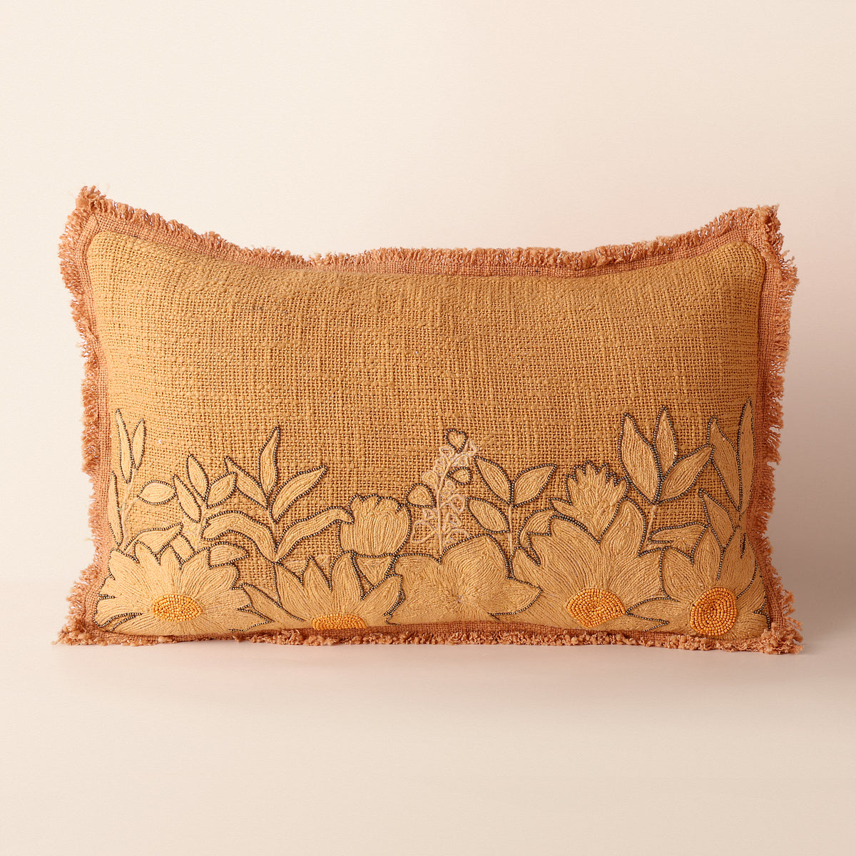 OCHRE Oblong Cushion, Bead Work, 12 x 20 Inch, Golden Yellow, TNT Beads