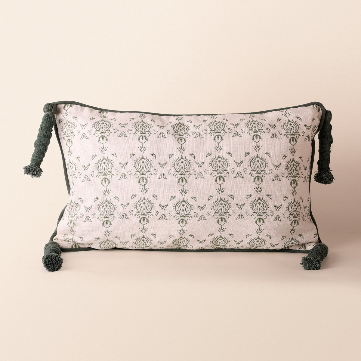 BAGRU Oblong Cushion, Block Print, 12 x 20 Inch, Mocha, Green Motif, Jaipur House