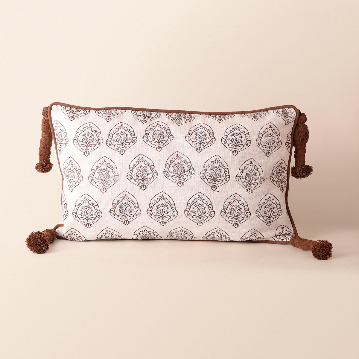 MEHRAB Oblong Cushion, Block Print, 12 x 20 Inch, Mocha, Brown Motif, Jaipur House
