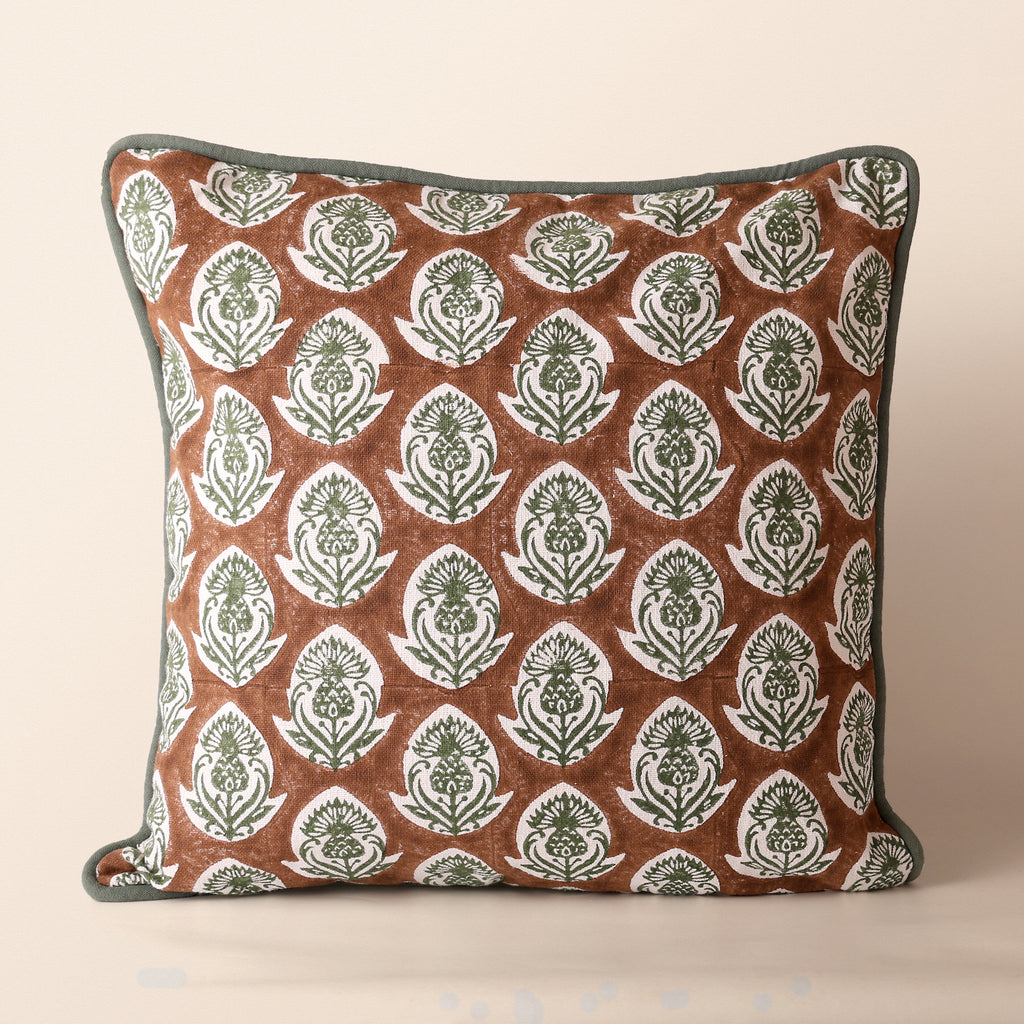 AMBAR Square Cushion, Block Print, 18 x 18 Inch, Mocha, Jaipur House