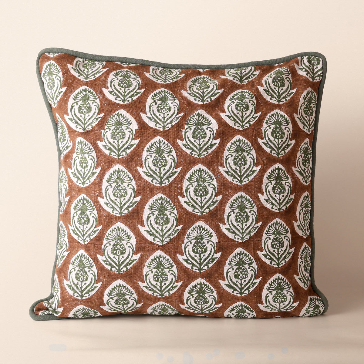 AMBAR Square Cushion, Block Print, 18 x 18 Inch, Mocha, Jaipur House