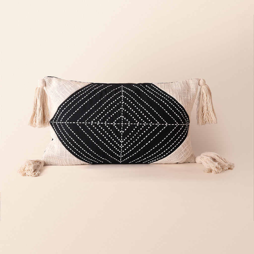 VELORA Oblong Cushion, Kantha, 12 x 20 Inch, Ivory