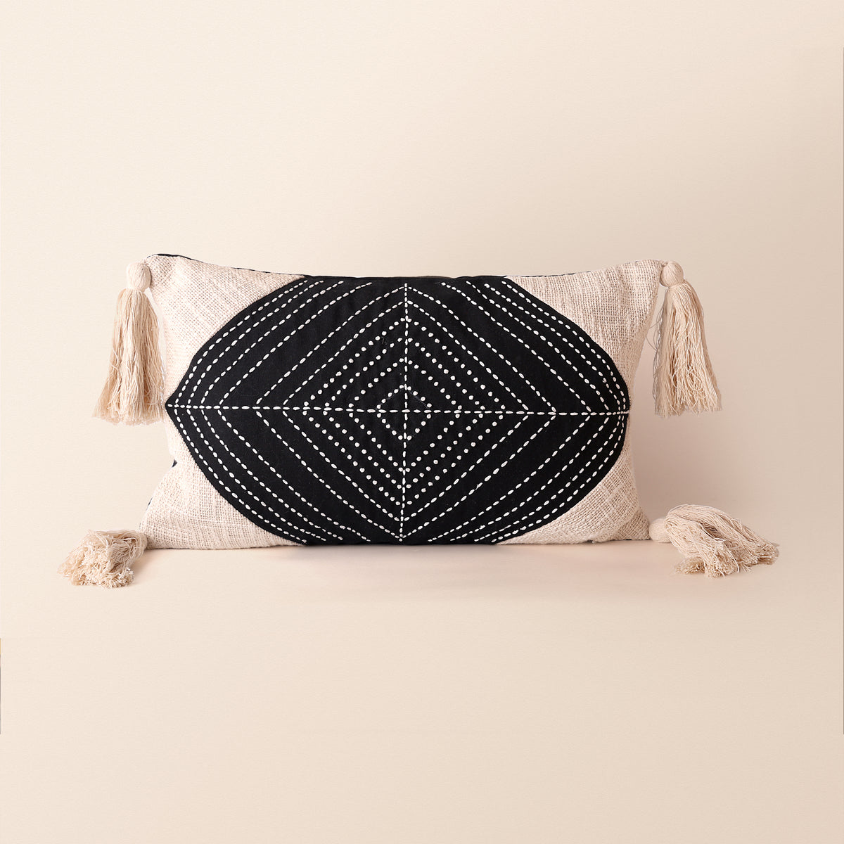 VELORA Oblong Cushion, Kantha, 12 x 20 Inch, Ivory