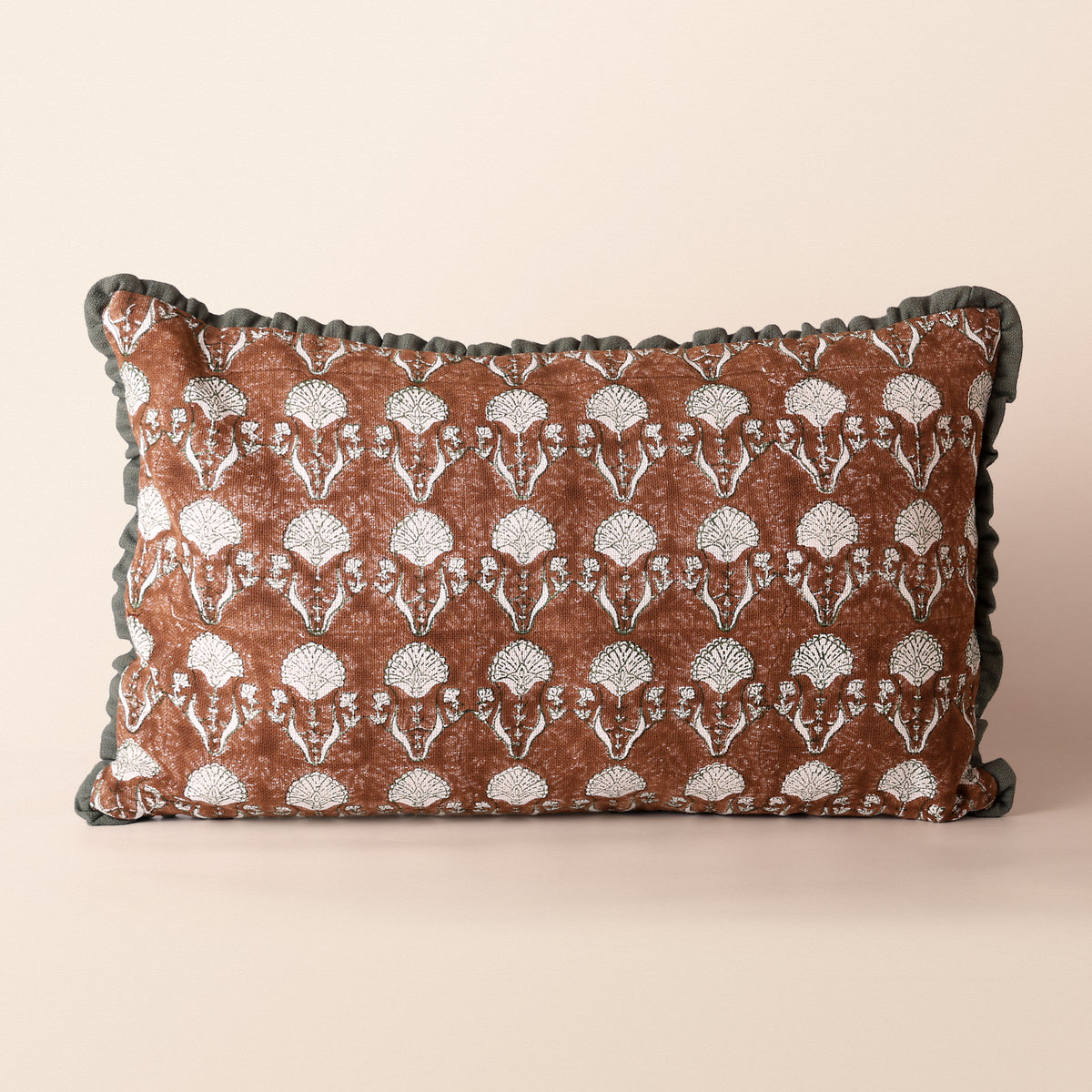 MEHRAB Oblong Cushion, Block Print, 12 x 20 Inch, Mocha, Green Motif, Jaipur House
