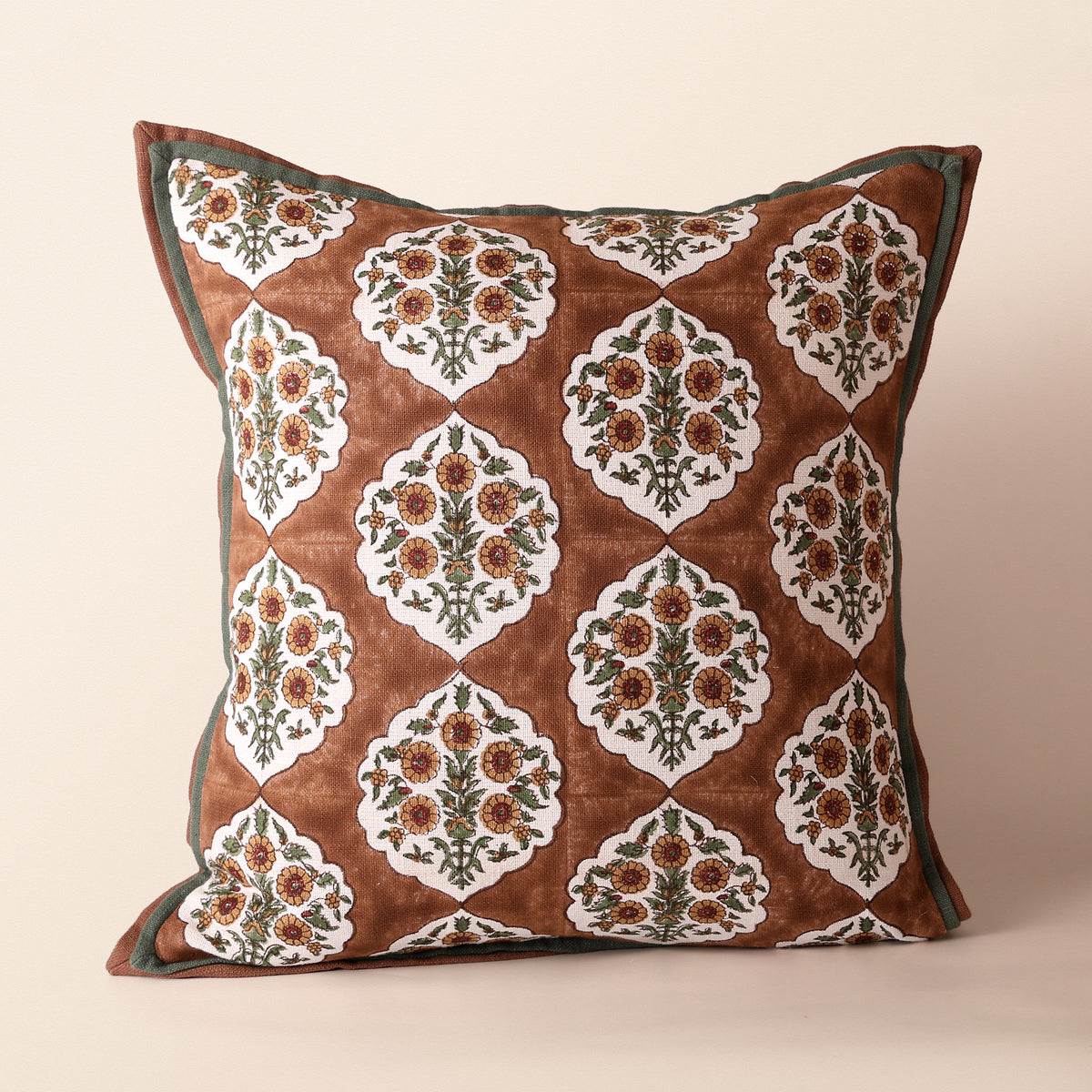 BAGRU Square Cushion, Block Print, 18 x 18 Inch, Mocha, Jaipur House