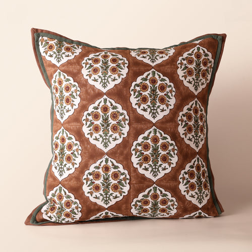 BAGRU Square Cushion, Block Print, 18 x 18 Inch, Mocha, Jaipur House