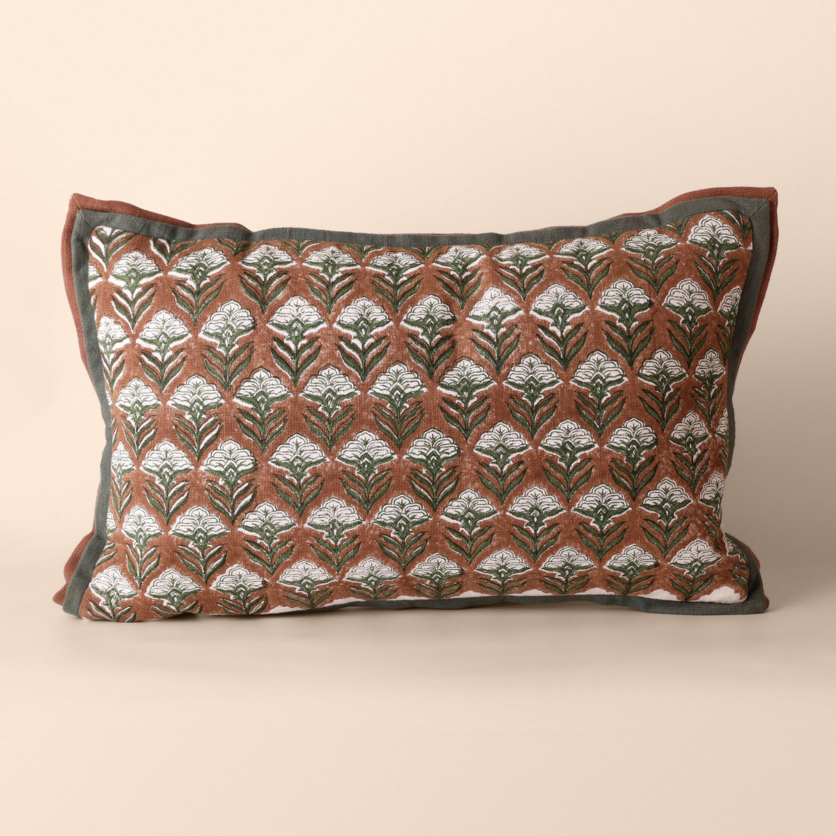 JHAROKHA Oblong Cushion, Block Print, 12 x 20 Inch, Mocha, Two-Tone, Jaipur House