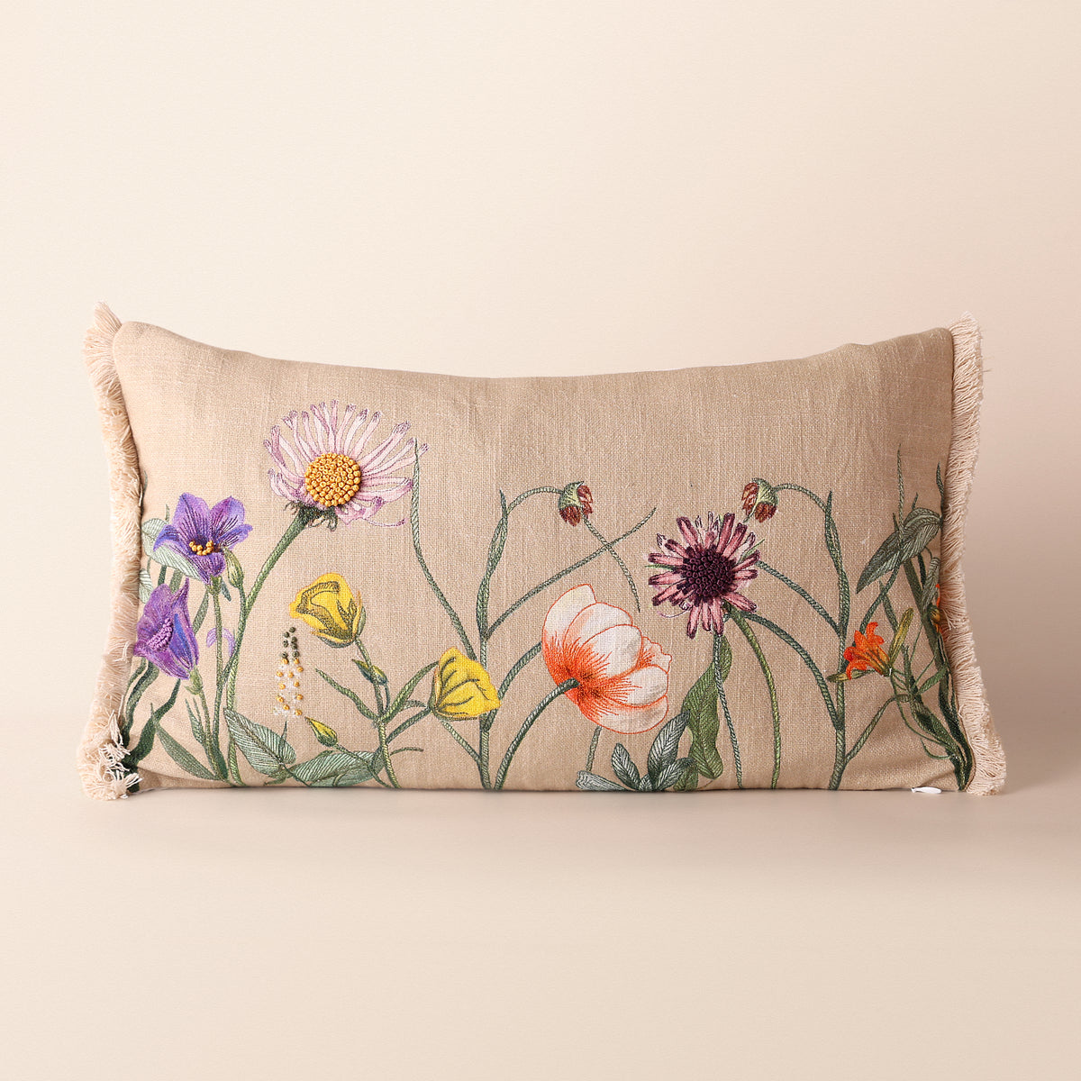 BUTA Oblong Cushion, Embroidery, 12 x 20 Inch, Beige, Botanical Bloom