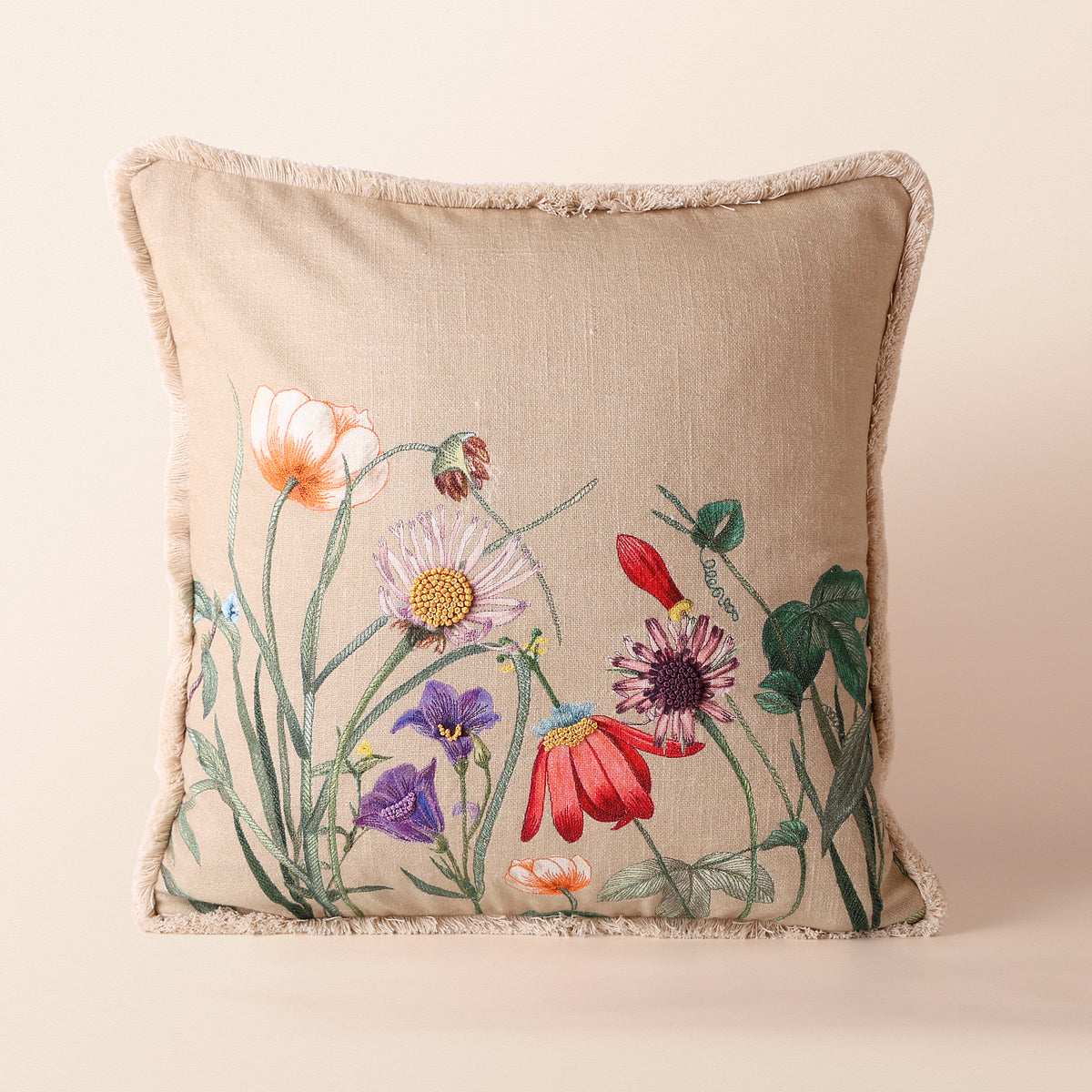 BUTA Square Cushion, Embroidery, 18 x 18 Inch, Beige, Botanical Bloom