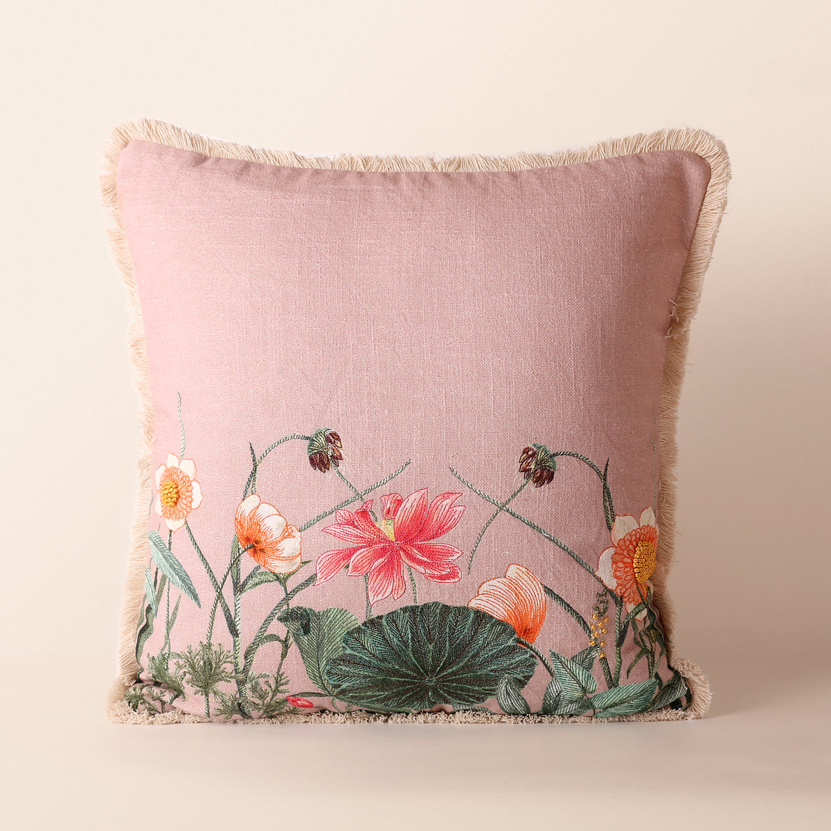 PANKHURI Square Cushion, Embroidery, 18 x 18 Inch, Blush, Botanical Bloom