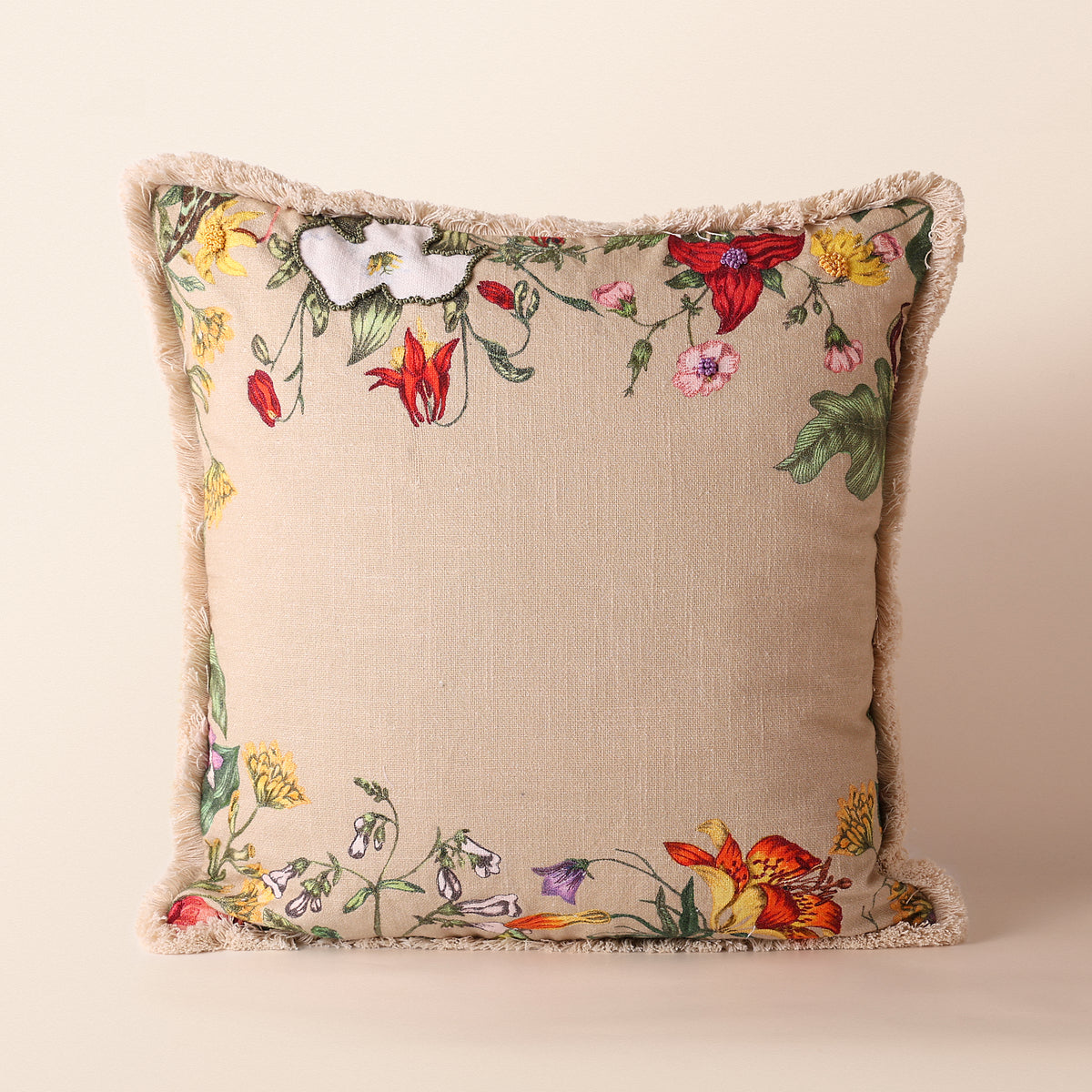 KUNJ Square Cushion, Embroidery, 18 x 18 Inch, Beige, Botanical Bloom