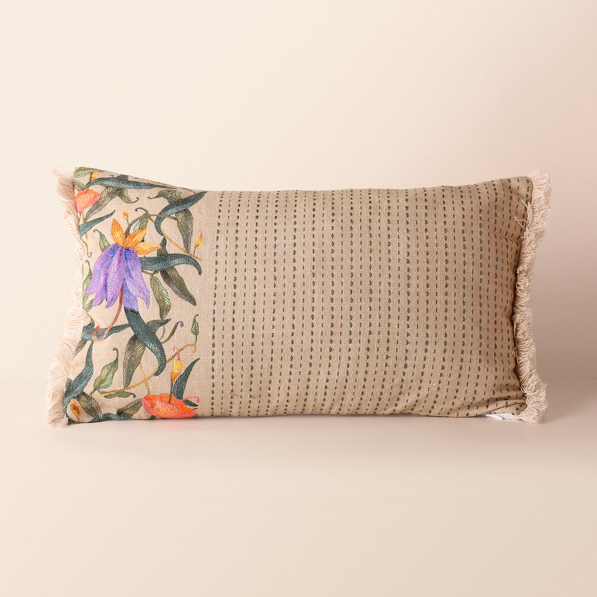 KALI Oblong Cushion, Embroidery, 12 x 20 Inch, Blush, Botanical Bloom
