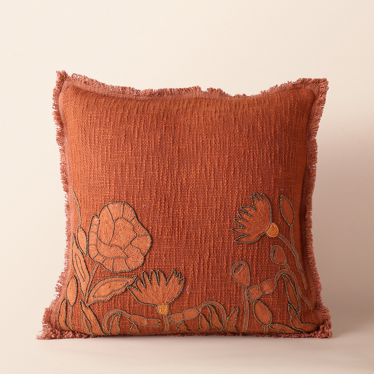 SIENNA Square Cushion, Bead Work, 18 x 18 Inch, Burnt Orange, TNT Beads