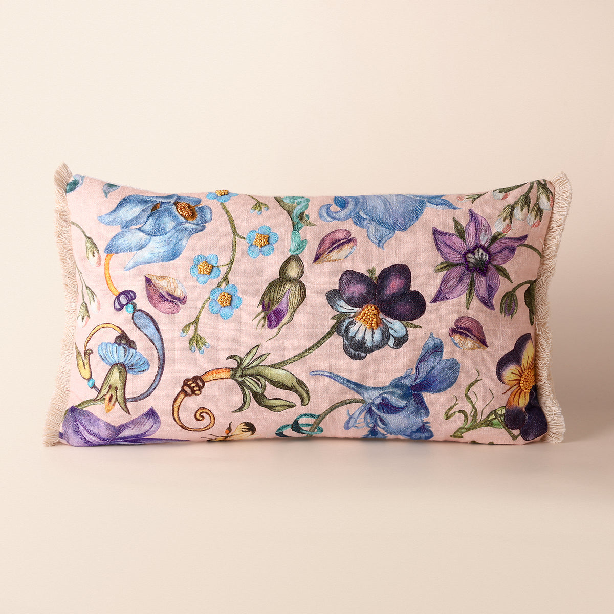 KALI Oblong Cushion, Embroidery, 12 x 20 Inch, Blush, Botanical Bloom