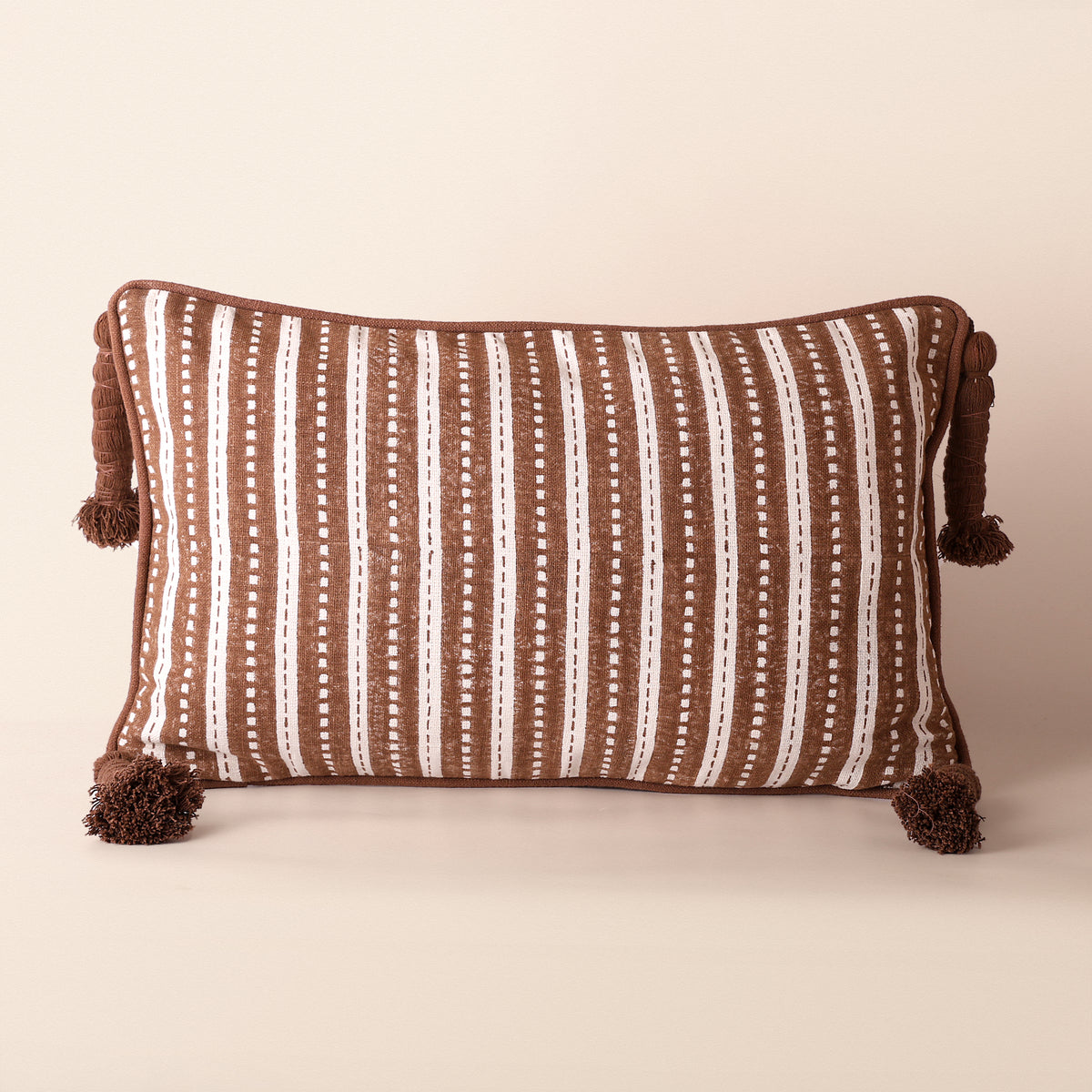 JHAROKHA Oblong Cushion, Block Print, 12 x 20 Inch, Mocha, Single-Tone, Jaipur House