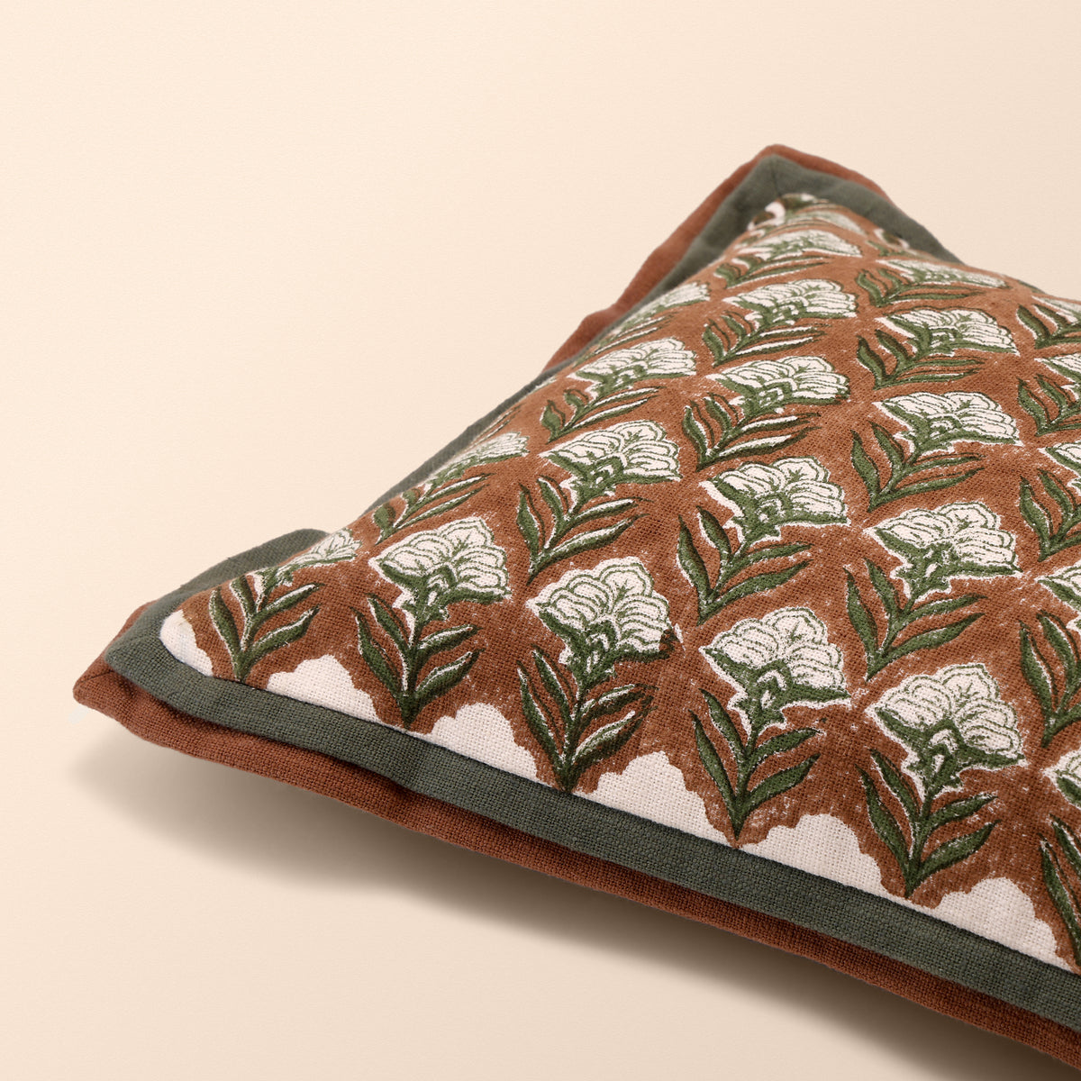 JHAROKHA Oblong Cushion, Block Print, 12 x 20 Inch, Mocha, Two-Tone, Jaipur House