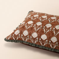 MEHRAB Oblong Cushion, Block Print, 12 x 20 Inch, Mocha, Green Motif, Jaipur House — thumbnail