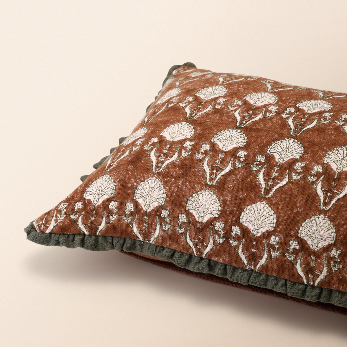 MEHRAB Oblong Cushion, Block Print, 12 x 20 Inch, Mocha, Green Motif, Jaipur House