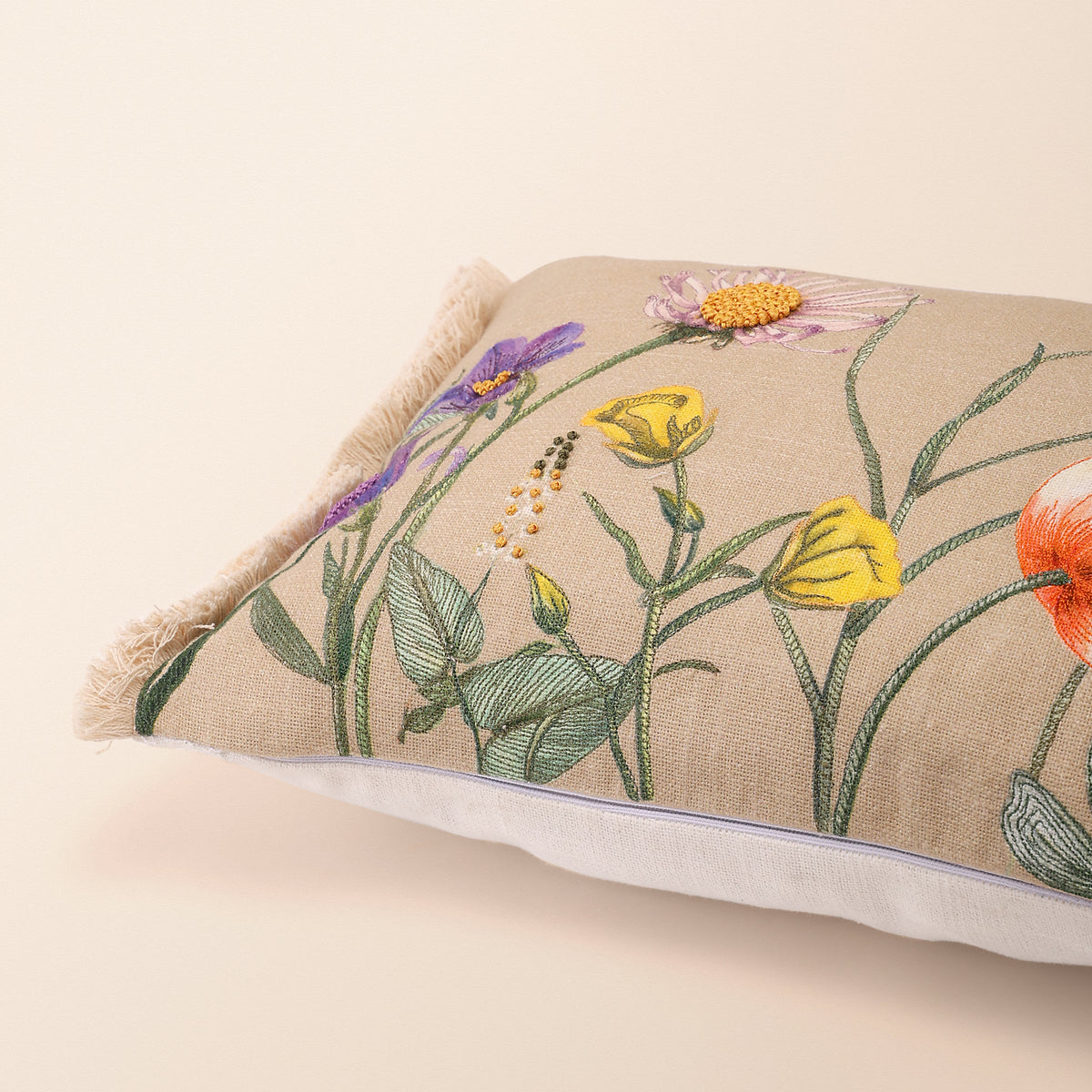 BUTA Oblong Cushion, Embroidery, 12 x 20 Inch, Beige, Botanical Bloom