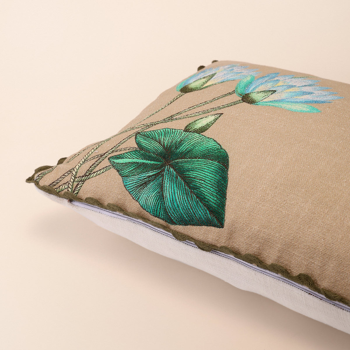 KALI Oblong Cushion, Embroidery, 12 x 20 Inch, Beige, Botanical Bloom