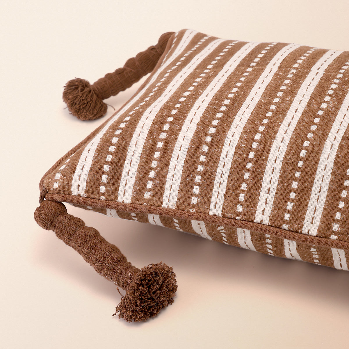 JHAROKHA Oblong Cushion, Block Print, 12 x 20 Inch, Mocha, Single-Tone, Jaipur House