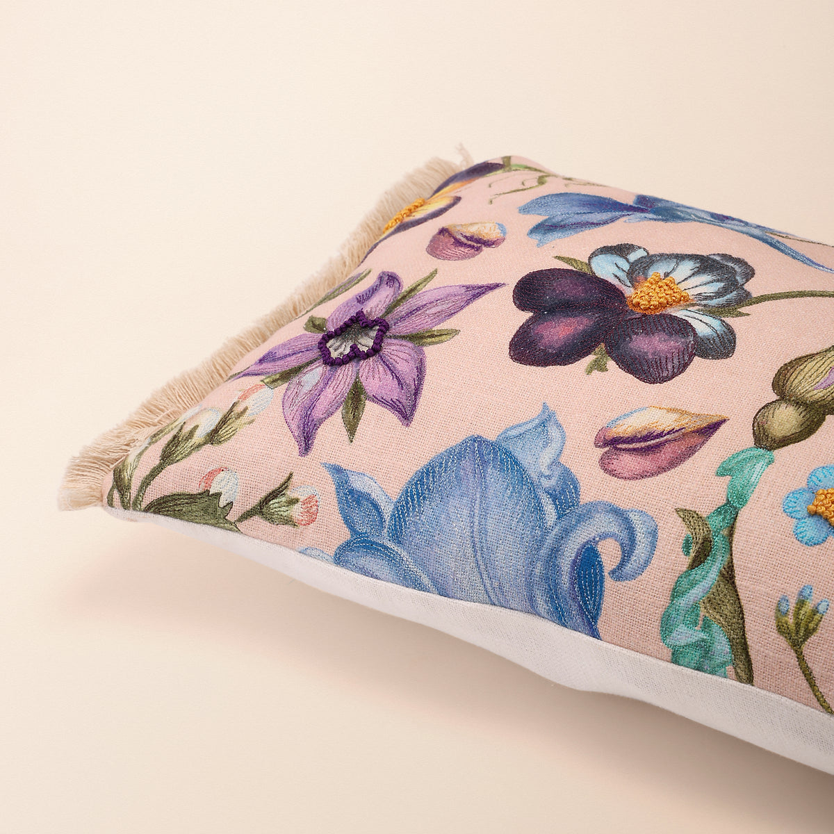 KALI Oblong Cushion, Embroidery, 12 x 20 Inch, Blush, Botanical Bloom
