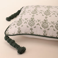 BAGRU Oblong Cushion, Block Print, 12 x 20 Inch, Mocha, Green Motif, Jaipur House — thumbnail