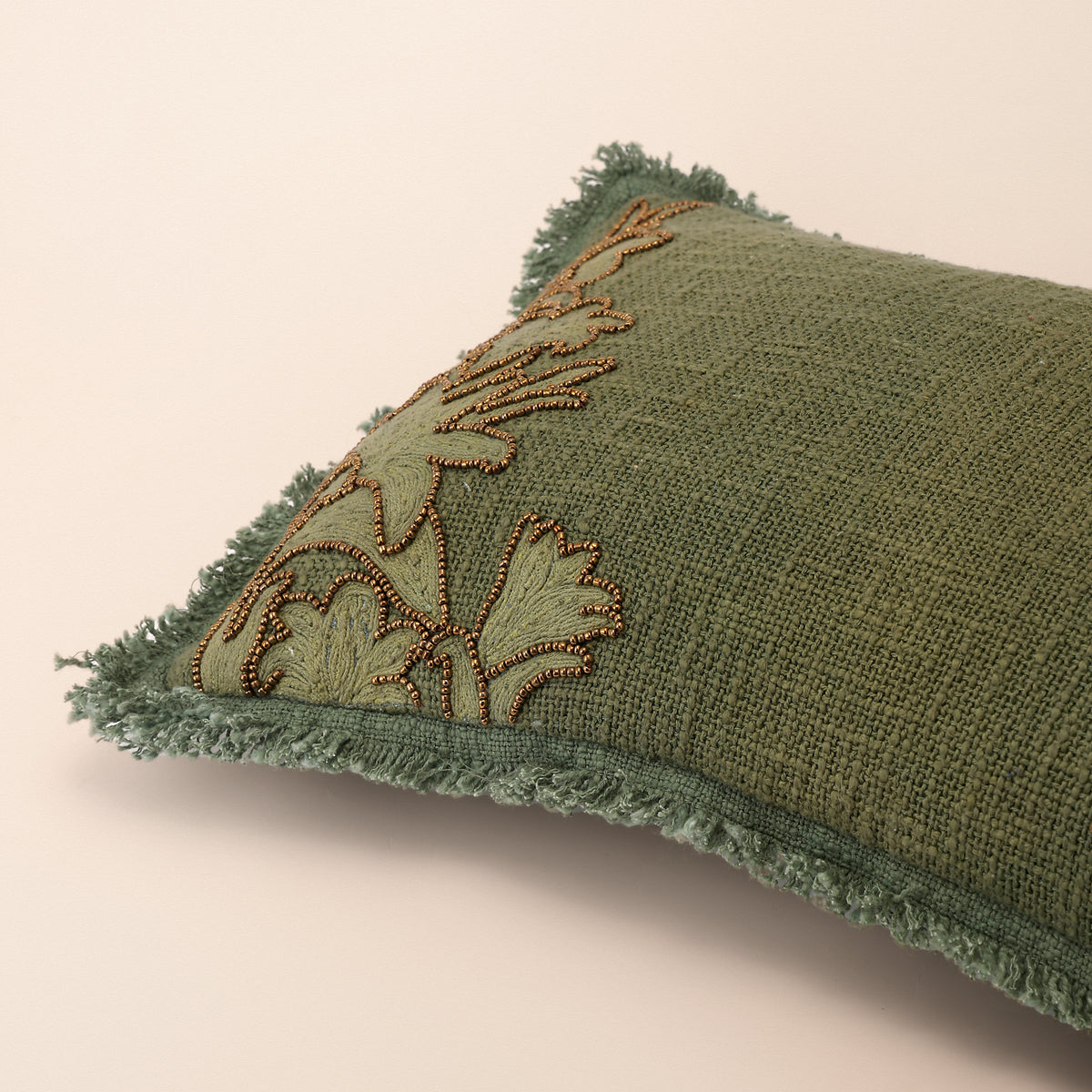 JADE Oblong Cushion, Bead Work, 12 x 20 Inch, Olive, TNT Beads