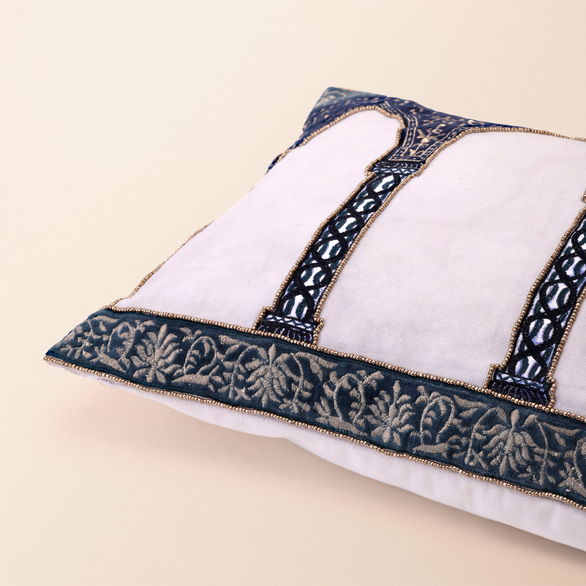 CHASHMA Oblong Cushion, Zari, 12 x 20 Inch, Blue, Mughal Garden