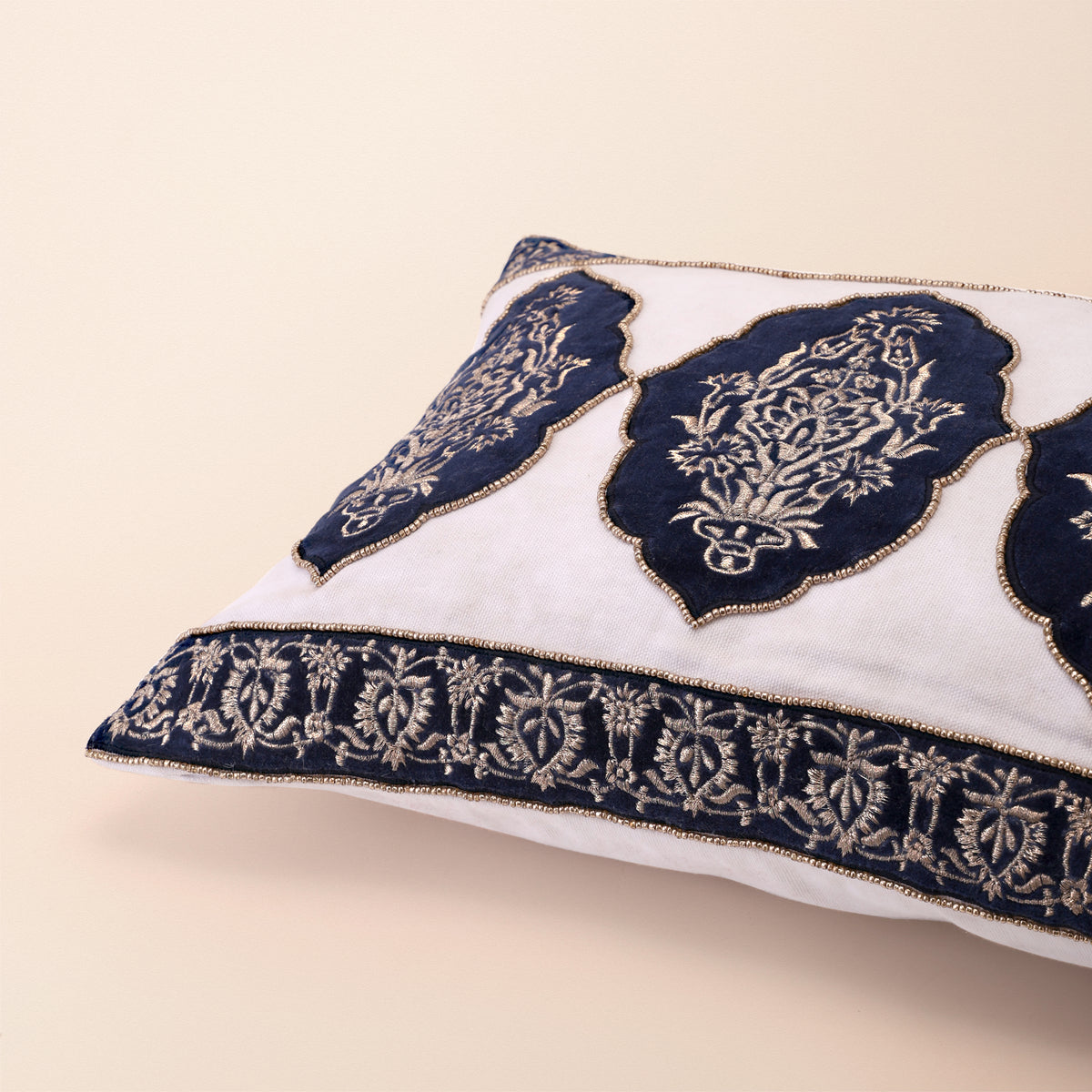 CHARBAGH Oblong Cushion, Zari, 12 x 20 Inch, Blue, Mughal Garden
