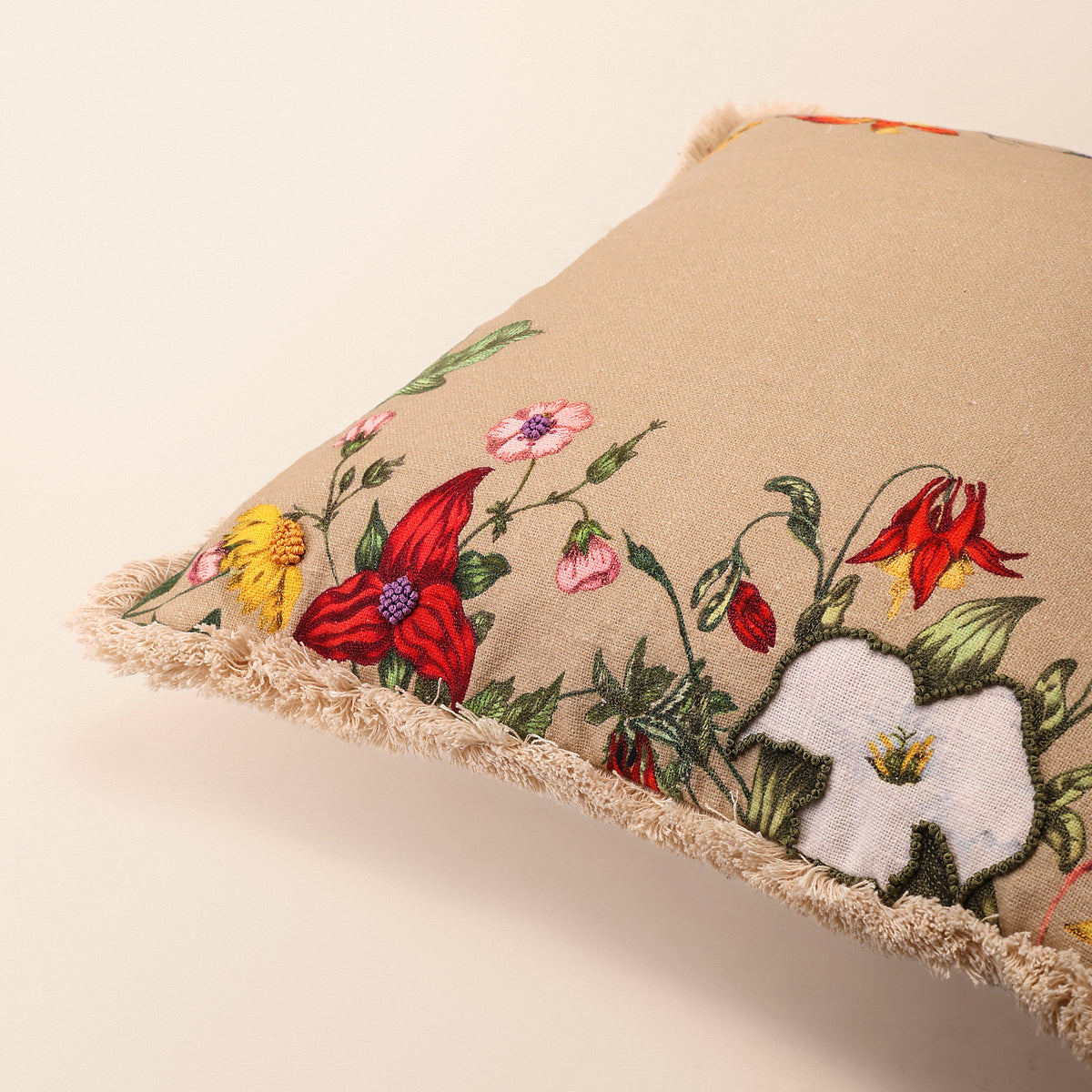 KUNJ Square Cushion, Embroidery, 18 x 18 Inch, Beige, Botanical Bloom