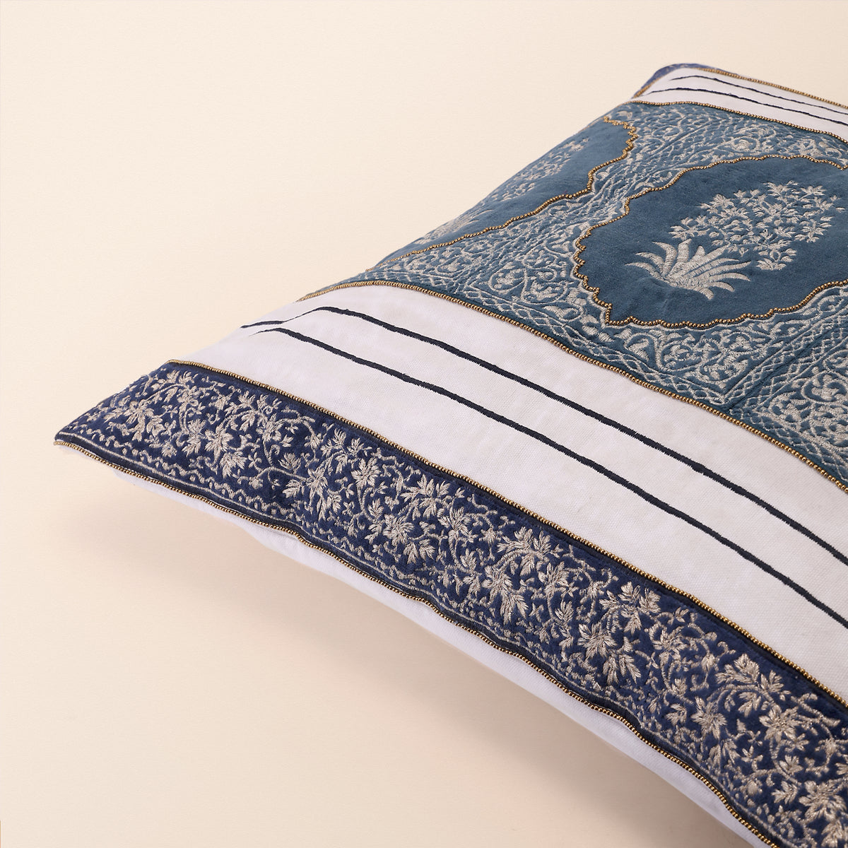 MEHTAB Square Cushion, Zari, 18 x 18 Inch, Blue, Three Motif, Mughal Garden