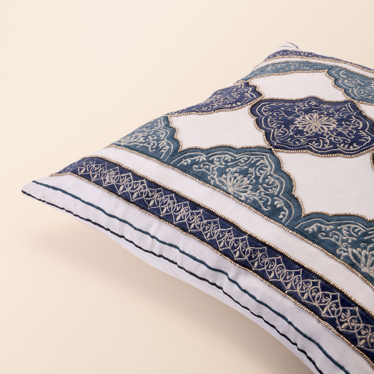 MEHTAB Square Cushion, Zari, 18 x 18 Inch, Blue, Four Motif, Mughal Garden
