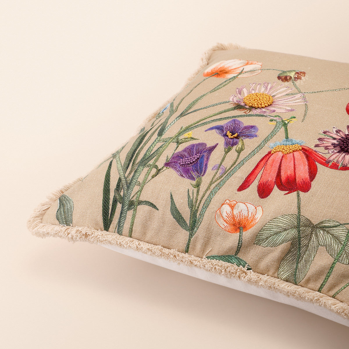 BUTA Square Cushion, Embroidery, 18 x 18 Inch, Beige, Botanical Bloom